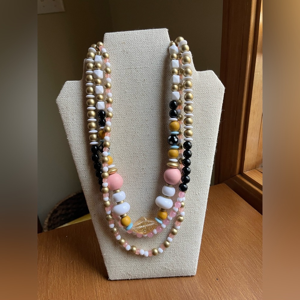Plunder Multi Strand Beaded Necklace Pink Gold White Black 21"